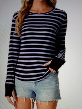 NWOT Grecerelle Striped Long-Sleeve Crewneck Top in Purple and Black. Sz Medium